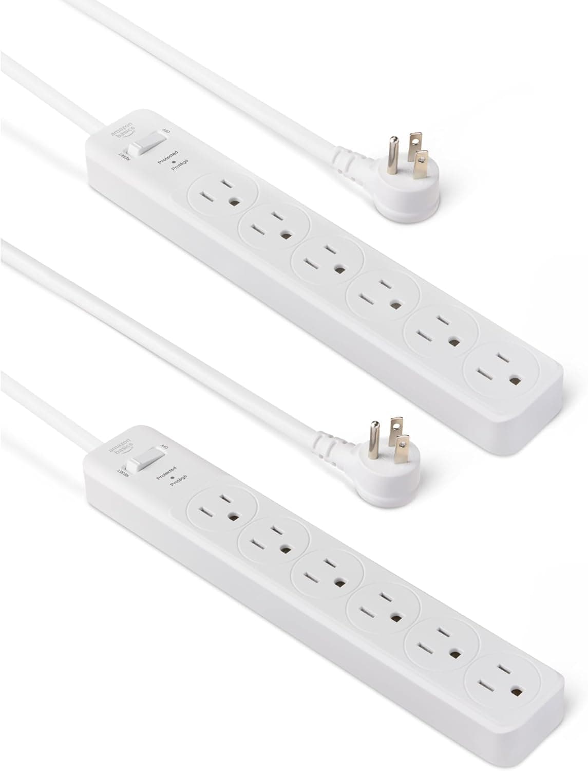 Amazon Basics 6-Outlet Power Strip 600J Surge Protector, 2ft, White, 2-Pack