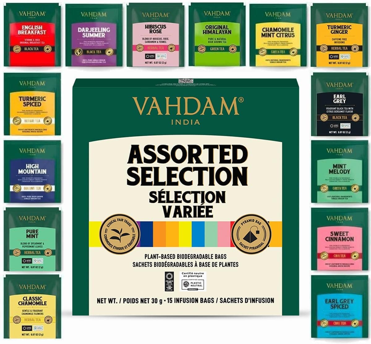 VAHDAM Assorted Tea Sampler - 15 Pyramid Tea Bags Gift Set