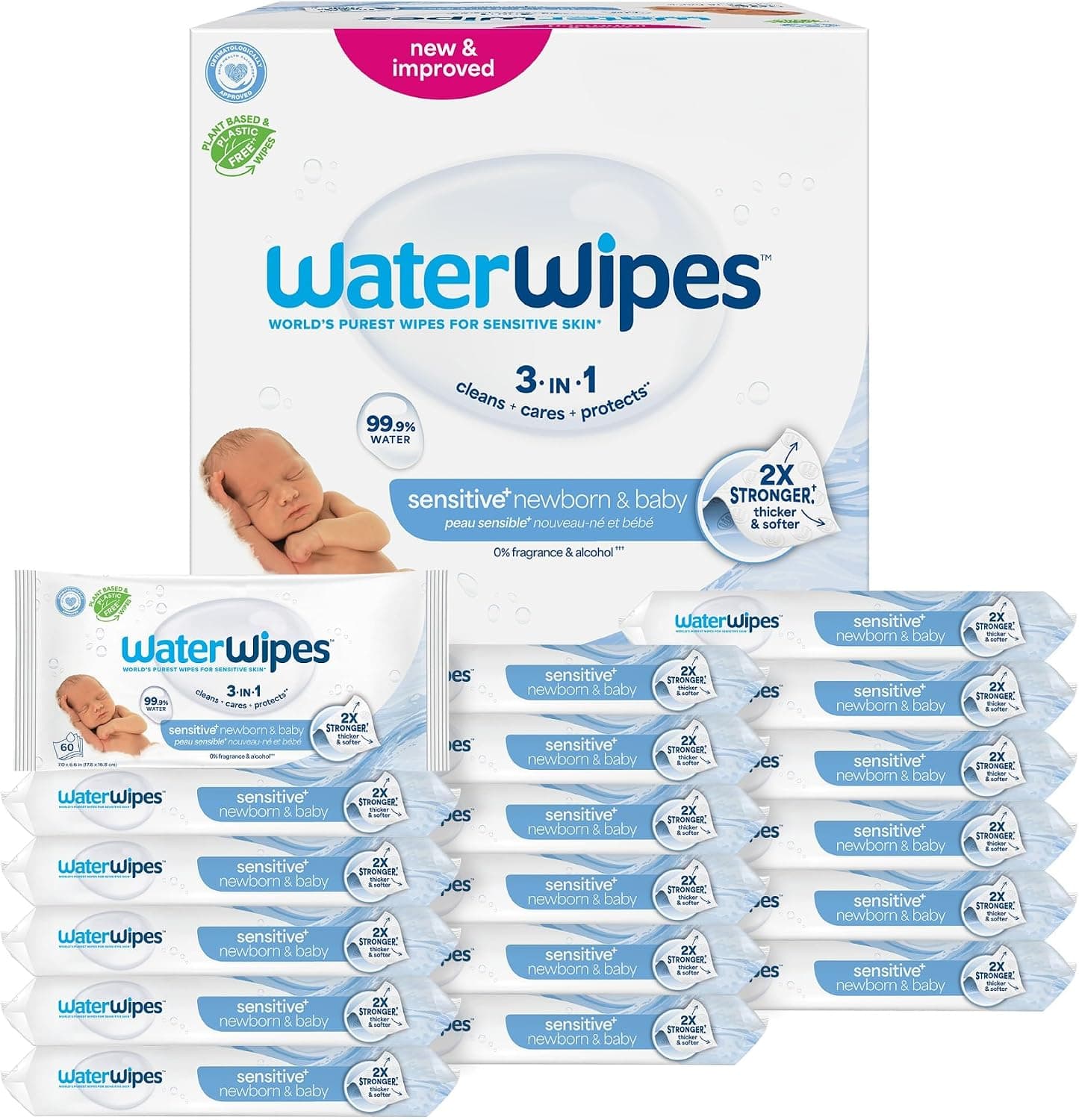WaterWipes Plastic-Free Original Baby Wipes, 99.9% Water Based Wipes, Unscented & Hypoallergenic for Sensitive Skin, 1080 Count (18 packs)