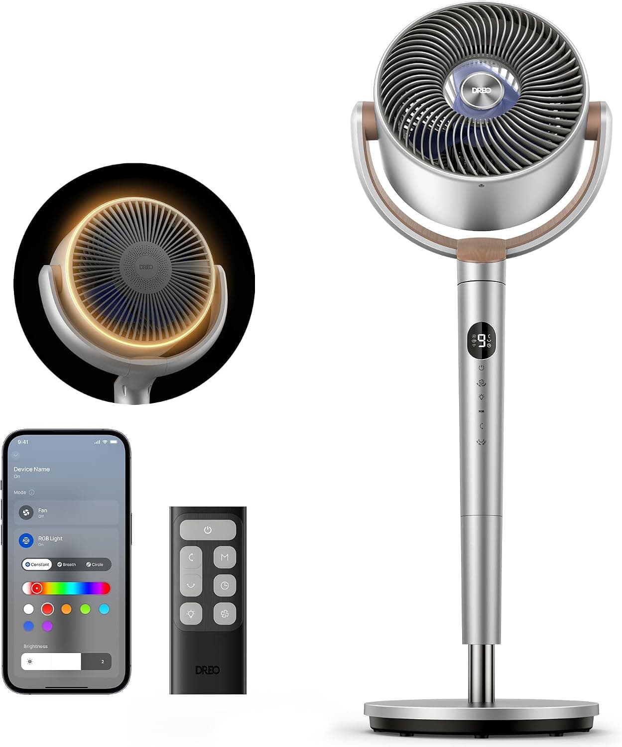 DREO Smart Floor Fan 37-42" with Wi-Fi, Remote, RGB Light, 9 Speeds